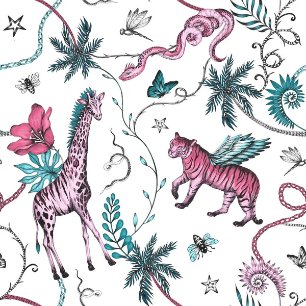 美丽的时髦无缝图案与手绘嵌合体动物 库存时尚纺织品插图 — 图库照片