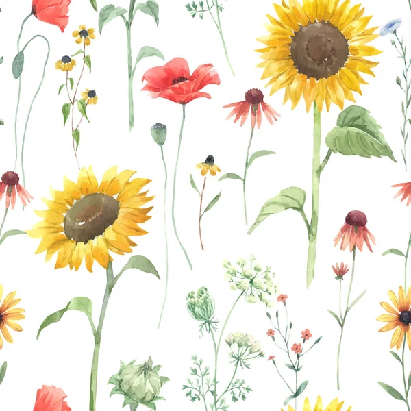Gyönyörű Vektor Virágos Zökkenőmentes Minta Akvarell Mező Vad Virágok Készletillusztráció — Stock Vector