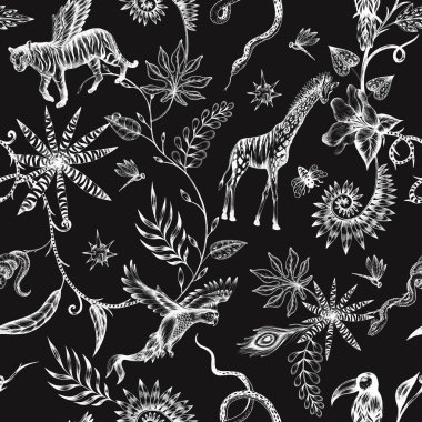 Elle çizilmiş kimera hayvanlarıyla güzel, modaya uygun, pürüzsüz bir model. Hisse senedi moda tekstil illüstrasyonu.