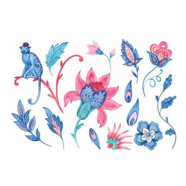 水彩の花の要素と古いトルコの伝統的なスタイルで描かれた猿と美しいベクトルセット ストッククリップアートイラスト — ストックベクタ