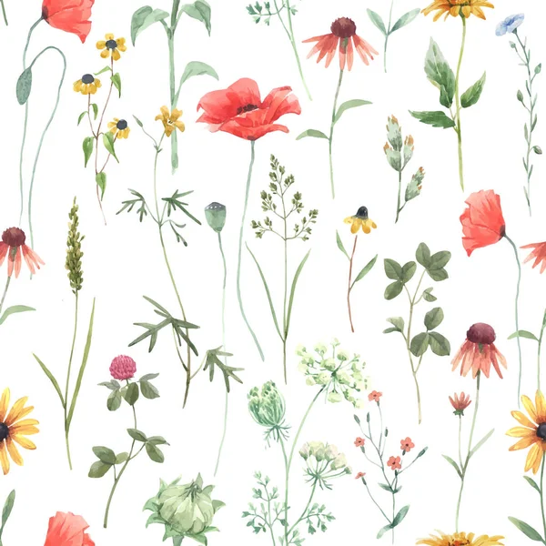 水彩画のフィールド野生の花と美しいベクトルの花のシームレスなパターン ストックイラスト — ストックベクタ