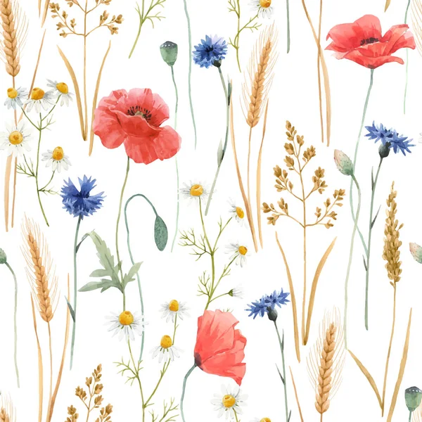 Vacker Vektor Blommigt Sömlöst Mönster Med Akvarell Fält Vilda Blommor — Stock vektor
