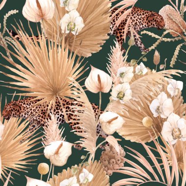 Güzel vektör, suluboya altın palmiye yaprakları beyaz orkide anthurium çiçekleri ve jaguarlı tropikal, pürüzsüz deseni ototostop etti. Stock bo ho düğün illüstrasyonu.