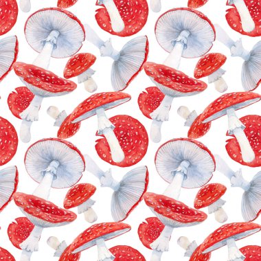 Amanita mantarlı suluboya orman desenli güzel vektörler. Stok illüstrasyonu.