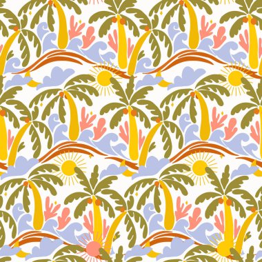 Beautiful old style 50s 70s retro floral seamless pattern with colorful palms waves. Stock surfing illustration.
