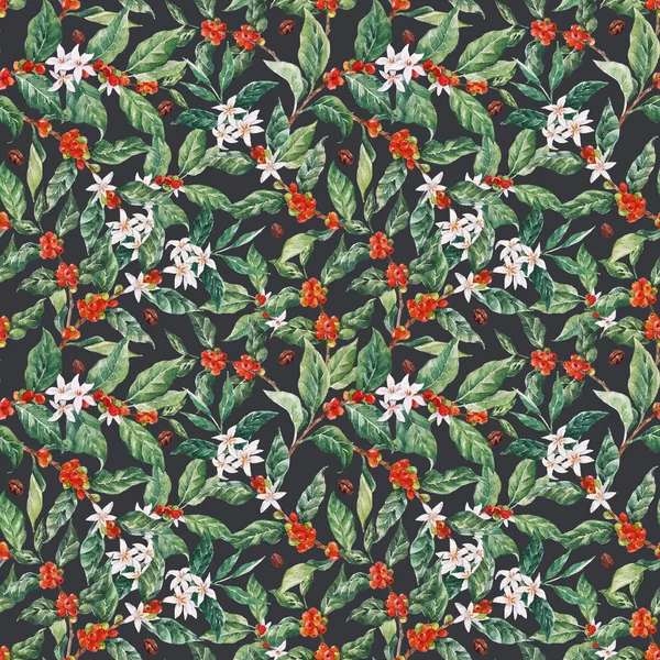 Beautiful Seamless Pattern Watercolor Coffee Branches White Flowers Green Leaves — Zdjęcie stockowe