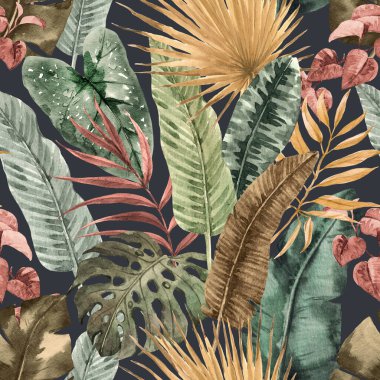 Beautiful seamless pattern with watercolor colorful tropical palm leaves. Stock illustration.