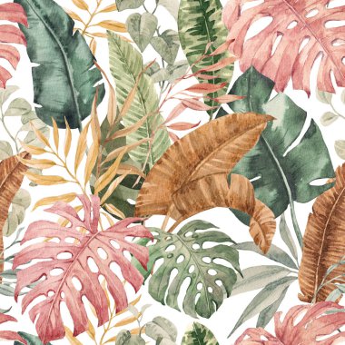 Beautiful seamless pattern with watercolor colorful tropical palm leaves. Stock illustration.