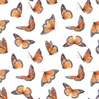 Beautiful vector autotraced seamless pattern with cute hand drawn watercolor butterflies. Stock illustration.