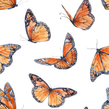 Beautiful vector autotraced seamless pattern with cute hand drawn watercolor butterflies. Stock illustration.