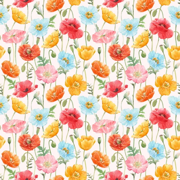 Beautiful Seamless Pattern Watercolor Colorful Poppy Flowers Stock Illustration — Stock Photo, Image