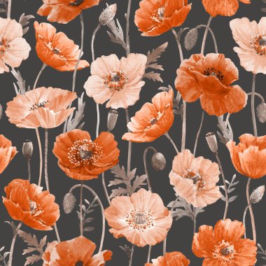 Beautiful seamless pattern with watercolor colorful poppy flowers. Stock illustration.