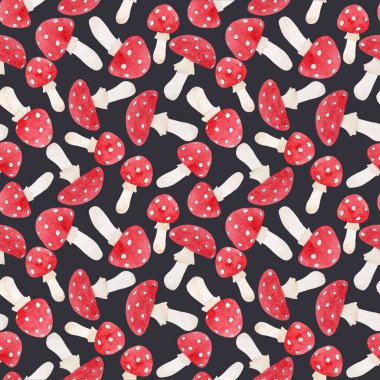 Beautiful seamless pattern with watercolor fly agaric mushroom. Stock illustration.