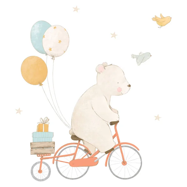 Bela Ilustração Estoque Bebê Com Animal Aquarela Bonito Bicicleta Stock — Fotografia de Stock