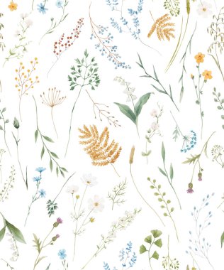 Beautiful floral seamless pattern with watercolor wild herbs and flowers. Stock illustration.