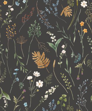 Beautiful floral seamless pattern with watercolor wild herbs and flowers. Stock illustration.
