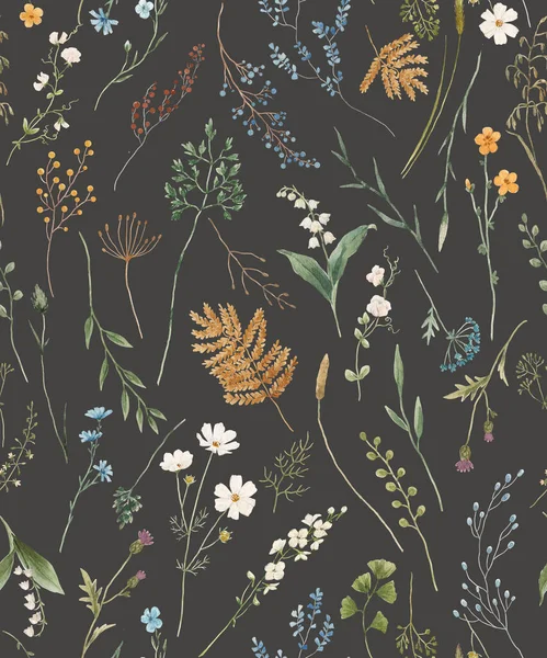 Beautiful Floral Seamless Pattern Watercolor Wild Herbs Flowers Stock Illustration — Stok fotoğraf