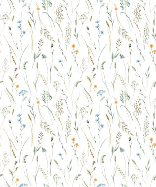 Beautiful floral seamless pattern with watercolor wild herbs and flowers. Stock illustration.