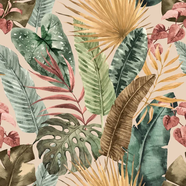 Beautiful Autotraced Vector Seamless Pattern Watercolor Colorful Tropical Palm Leaves — Wektor stockowy