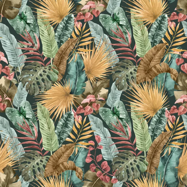 Beautiful Autotraced Vector Seamless Pattern Watercolor Colorful Tropical Palm Leaves — Vettoriale Stock
