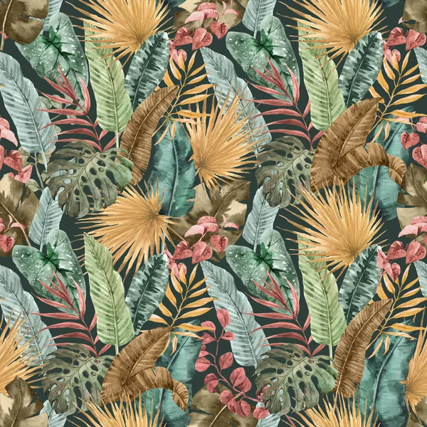 Beautiful Seamless Pattern Watercolor Colorful Tropical Palm Leaves Stock Illustration — Stockfoto