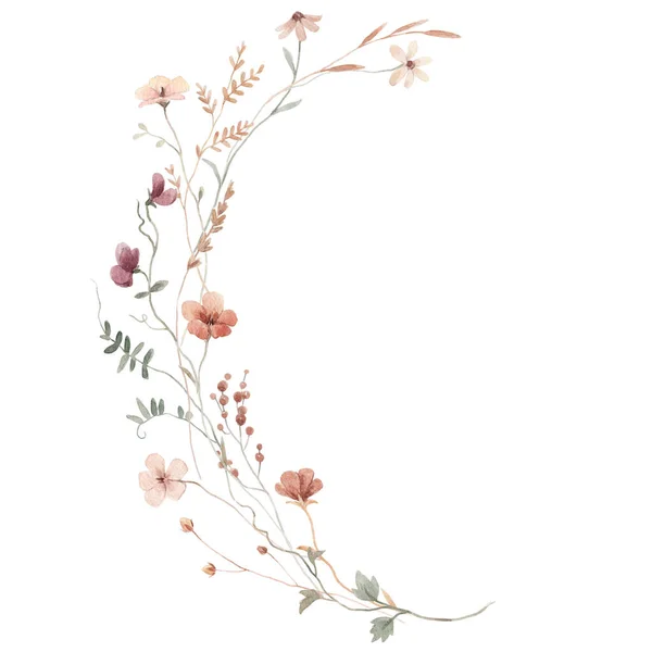 Beautiful Floral Frame Watercolor Wild Herbs Flowers Stock Illustration — Stockfoto