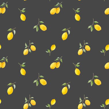 Sarı limon ve çiçeklerle sulu boya güzel, pürüzsüz bir desen. Stok illüstrasyonu.