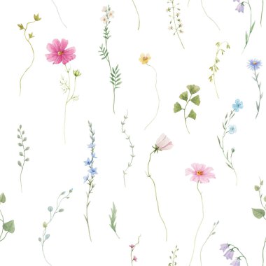 Beautiful floral seamless pattern with watercolor wild herbs and flowers. Stock illustration.