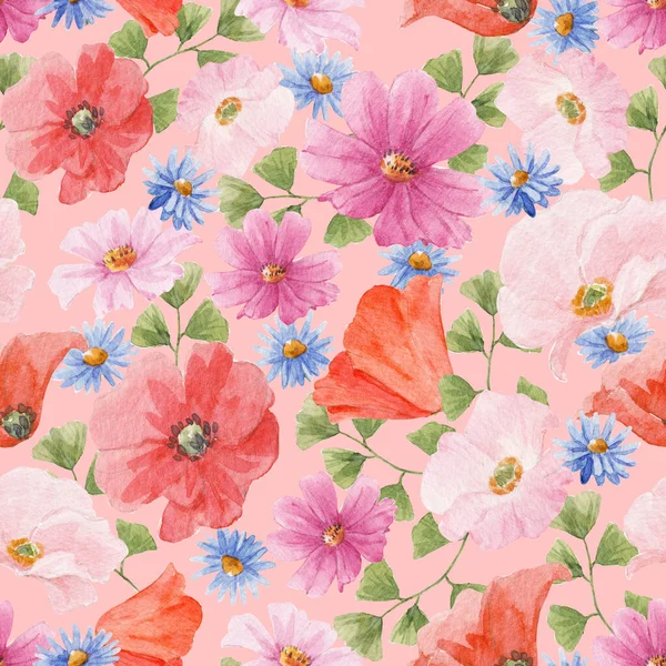 Цветочный Бесшовный Узор Акварельными Летними Цветами Иллюстрация — стоковое фото