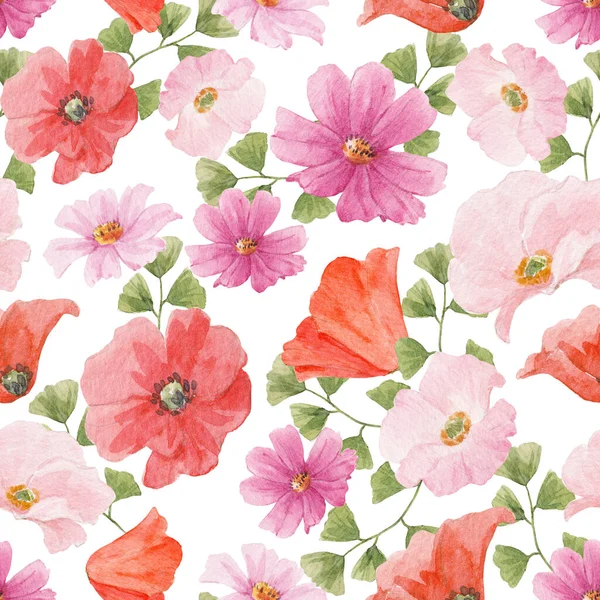 Hermoso Patrón Floral Sin Costuras Con Flores Verano Acuarela Ilustración —  Fotos de Stock