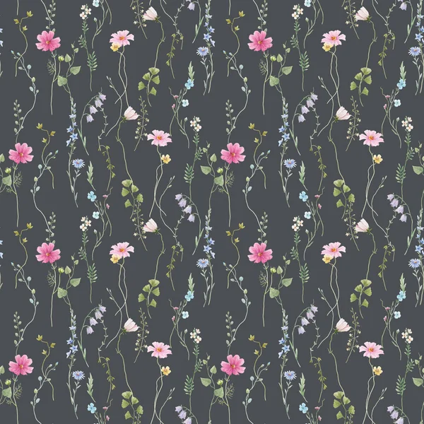 Schöne Florale Nahtlose Muster Mit Aquarell Wildkräutern Und Blumen Archivbild — Stockfoto