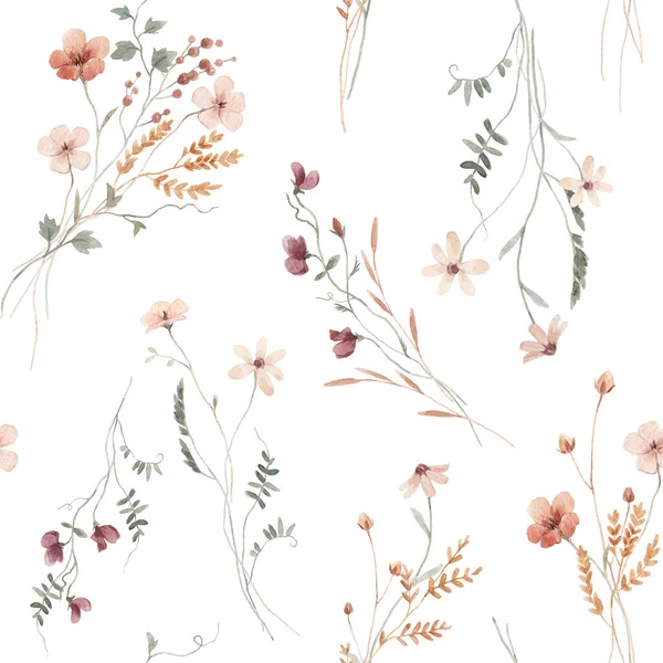 Vackert Blommigt Sömlöst Mönster Med Akvarell Vilda Örter Och Blommor — Stockfoto