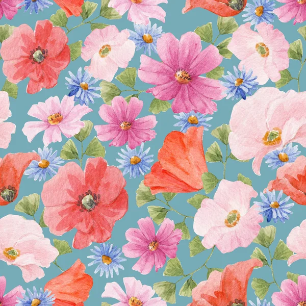 Krásný Květinový Bezešvý Vzor Akvarelem Letní Květiny Stock Illustration — Stock fotografie
