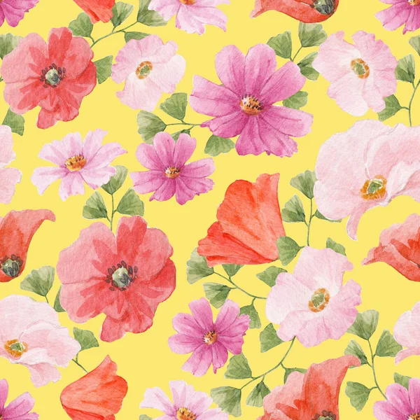 Padrão Sem Costura Floral Bonita Com Flores Verão Aquarela Ilustração — Fotografia de Stock