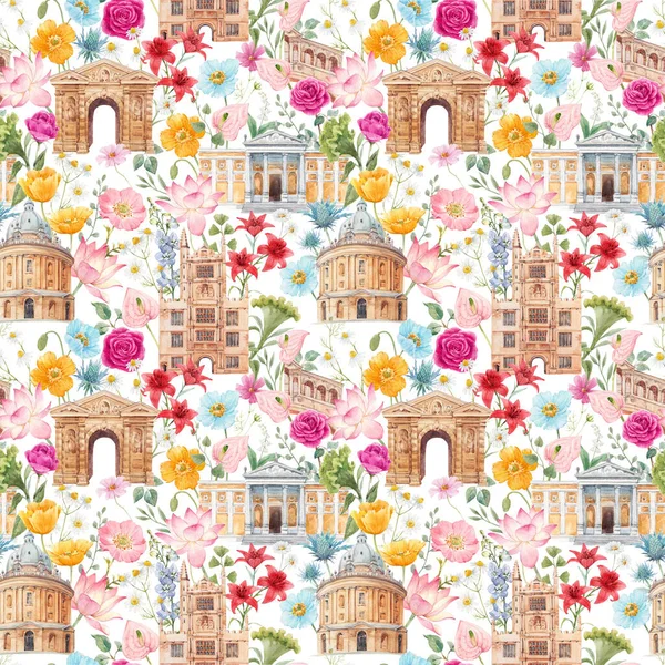 Beautiful Seamless Patrtern Watercolor Oxford Historical Sites Flowers Stock Illustration — Stock Photo, Image