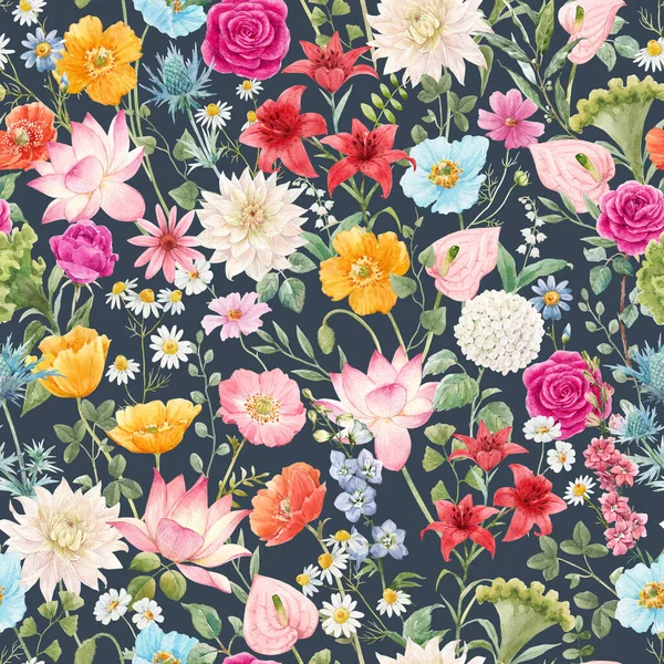 Vackert Sömlöst Mönster Med Akvarell Färgglada Blommor Lagerillustration — Stockfoto