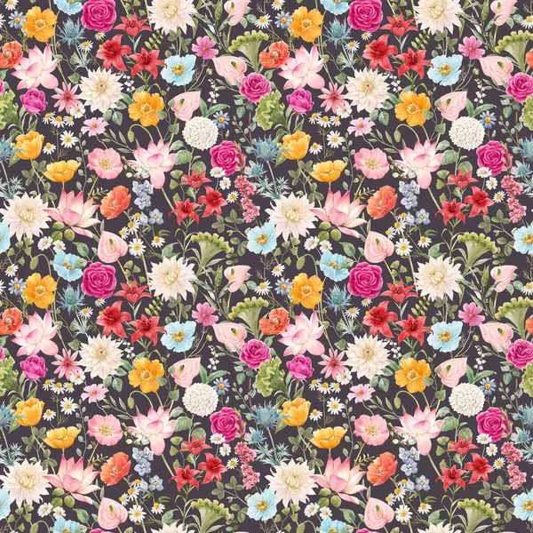 Renkli Çiçeklerle Suluboya Güzel Pürüzsüz Bir Desen Stok Illüstrasyonu — Stok fotoğraf