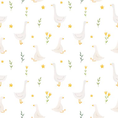 Şirin suluboya kaz kuşuyla kusursuz bir desen. Stok illüstrasyonu.