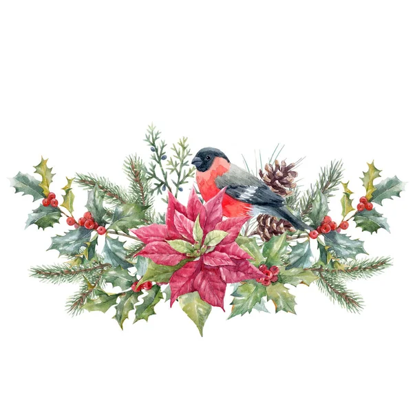 Schöne Weihnachtskomposition Mit Aquarell Glaskugel Mit Tannenzapfen Zweigen Und Stechpalme — Stockfoto