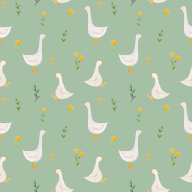 Şirin suluboya kaz kuşuyla kusursuz bir desen. Stok illüstrasyonu.