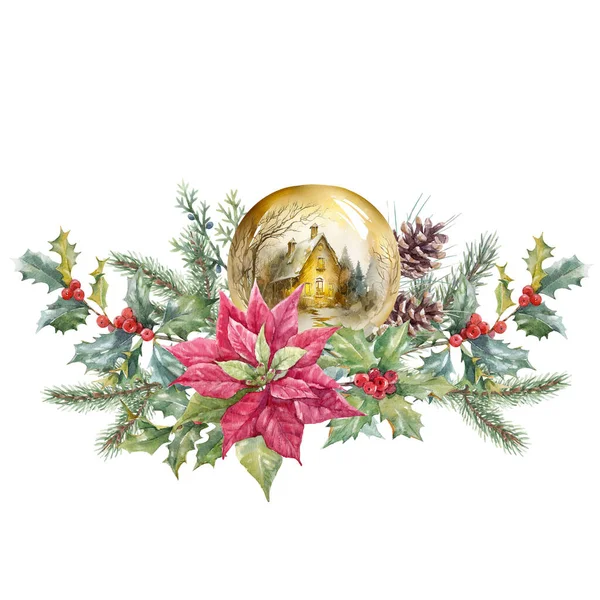 Prachtige Kerstcompositie Met Aquarel Glazen Bol Met Dennenappels Takken Hulst — Stockfoto