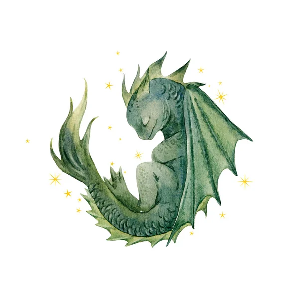 Piękna Ilustracja Akcji Ręcznie Rysowane Akwarela Cute Little Dragon — Zdjęcie stockowe