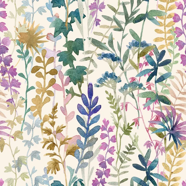Beautiful Floral Seamless Pattern Watercolor Wild Herbs Flowers Stock Illustration — Stockfoto