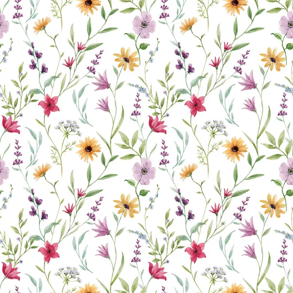 Krásný Bezešvý Vzor Akvarelem Barevné Květy Stock Illustration — Stock fotografie
