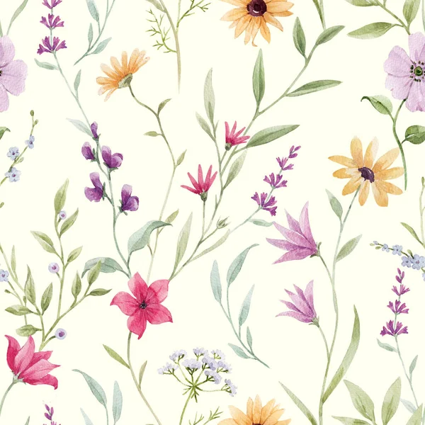 Όμορφη Απρόσκοπτη Μοτίβο Ακουαρέλα Πολύχρωμα Λουλούδια Εικονογράφηση Αποθέματος — Φωτογραφία Αρχείου