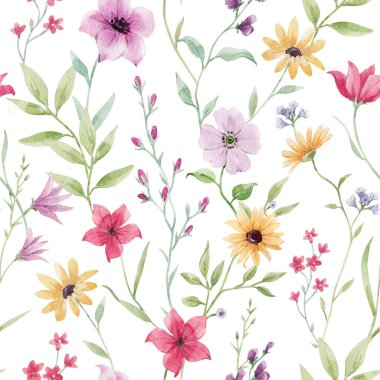 Renkli çiçeklerle suluboya güzel, pürüzsüz bir desen. Stok illüstrasyonu.
