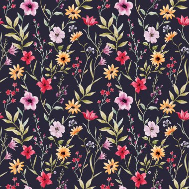 Renkli çiçeklerle suluboya güzel, pürüzsüz bir desen. Stok illüstrasyonu.