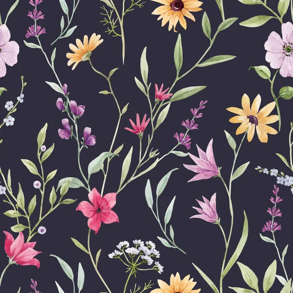 Όμορφη Απρόσκοπτη Μοτίβο Ακουαρέλα Πολύχρωμα Λουλούδια Εικονογράφηση Αποθέματος — Φωτογραφία Αρχείου