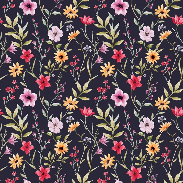 Gyönyörű Zökkenőmentes Minta Akvarell Színes Virágok Készletillusztráció — Stock Fotó