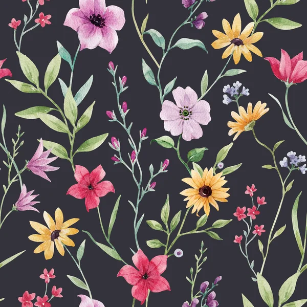 Vackert Sömlöst Mönster Med Akvarell Färgglada Blommor Lagerillustration — Stockfoto